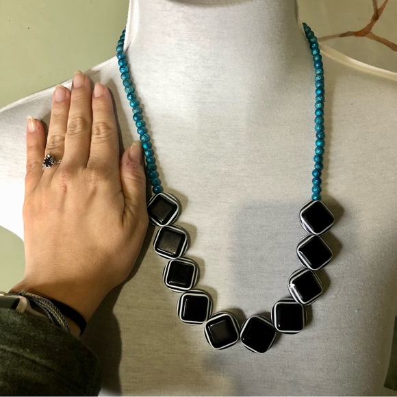 Handmade Metallic Turquoise and Black/White Necklace Medium Length - Picture 8 of 8